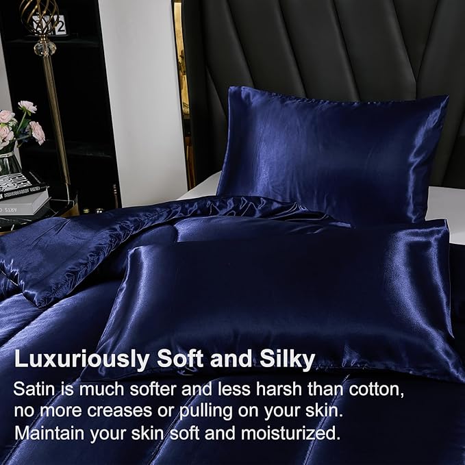 Satin Comforter Set Queen Silk Like Blue Bedding Comforter Luxury Hotel Silky Bed Home Deocr 1 Comforter 2 Pillowcases (Queen, Navy Blue)