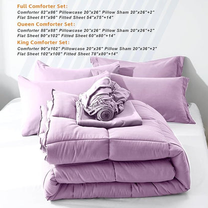 COZYART Queen Comforter Set 7 Pcs, Lavender Bed in a Bag, All Season Lightweight Soft Reversible Bedding Set, 1 Comforter, 1 Flat Sheet, 1 Fitted Sheet, 2 Pillow Shams, 2 Pillowcases