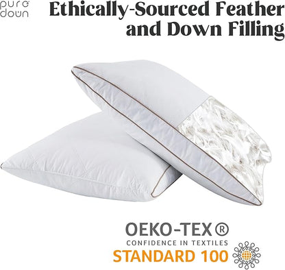 puredown® Natural Goose Down Feather Pillows for Sleeping Oval Gusseted Feather Down Pillow 100% Cotton Pillow Cover with Leaf Quilting King Set of 2