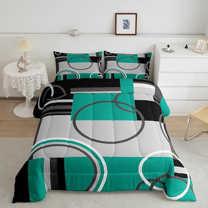 Modern Circles Swirls Bedding Queen Size Geometric Spiral Square Comforter Set Green Black Grey Bedding Sets Abstract Gromment Plaid Quilted Duvet Chic Graphic Texture Artwork Down Comforter, 3Pcs