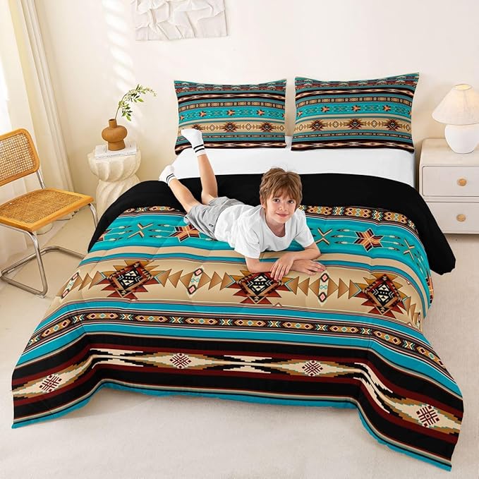 Aztec Quilt Ethnic Tribal Arrow Comforter Set,Retro Southwest Native Bohemian Bedding Set King,Western Star Geometric Sriped Duvet Insert African Tribe Exotic Nordic Style Boho Decor,Blue Brown