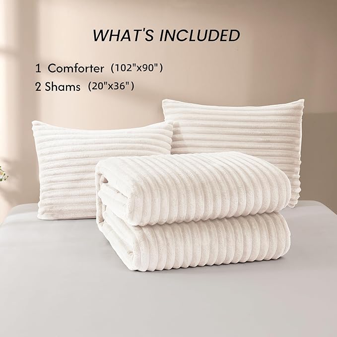 Geniospin Fleece King Size Comforter Set, Soft Fuzzy Fleece King Bedding Set, 3-Pieces White Comforter Set for All Season, Warm Fluffy Comforter with 2 Pillow Cases