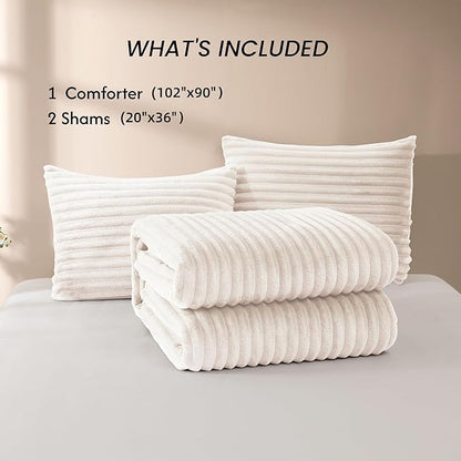 Geniospin Fleece King Size Comforter Set, Soft Fuzzy Fleece King Bedding Set, 3-Pieces White Comforter Set for All Season, Warm Fluffy Comforter with 2 Pillow Cases