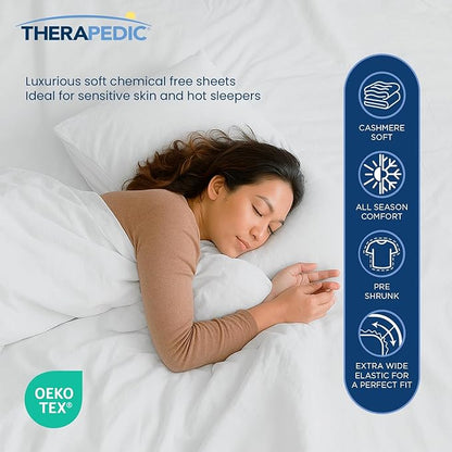 Therapedic 100% Egyptian Cotton Queen 6-Piece Sheet Set – Naturally Cooling & Breathable Sateen, Preshrunk Garment Wash, 16" Deep Pocket Fitted Sheet, Bonus Pillowcases, Soft & Durable - Dove