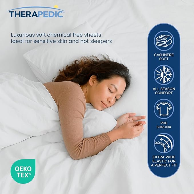 Therapedic 100% Egyptian Cotton King 6-Piece Sheet Set – Naturally Cooling & Breathable Sateen, Preshrunk Garment Wash, 16" Deep Pocket Fitted Sheet, Bonus Pillowcases, Soft & Durable - Dove