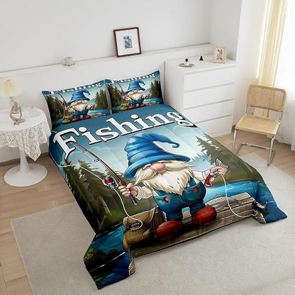 Erosebridal Fishing Gnome King Comforter Set,Fisherman and Fish Bedding Sets for Kids Boys Men,Fishing Lake House Quilt Bed Set,Rustic Country Gnomes Bedroom Decor,2 Pillowcases Breathable