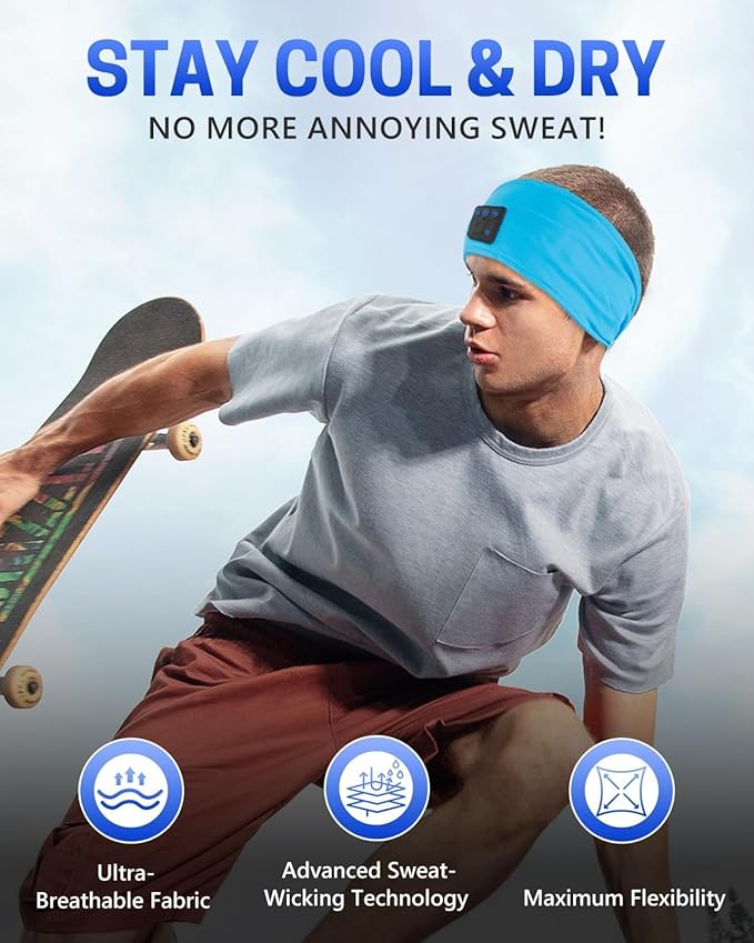 GNEGNI Sleep Headphones Bluetooth 5.4 Headband for Side Sleepers, Wireless Ultra-Thin HD Stereo Speakers Sweat Resistant Sports Headband Earphone for Workout Running Travel Yoga, Blue/Grey