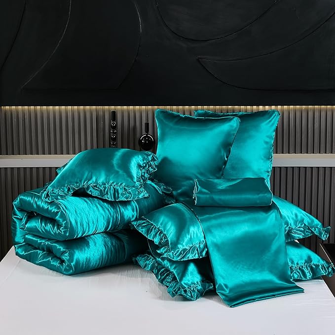 Silky Comforter Set with Sheet Set Queen 8 Pcs Peacock Green Bed in a Bag Green Bedding Set Silk Like Satin Ruffle Home Deocr Sexy Hotel Silky Bed Set with 1 Cushion Cover