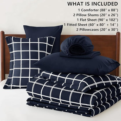 CozyLux Queen Comforter Set with Sheets - 7 Pieces Plaid Bed in a Bag Set Navy Blue, Queen Bedding Sets Bed Set with All Season Quilted Comforter, Flat Sheet, Fitted Sheet, Pillowcases & Pillow Shams