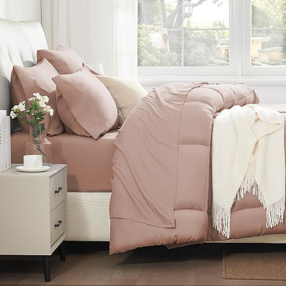 Sunstyle Home Pink Full/Queen Comforter Set - 7 Pieces Bed in a Bag, Lightweight Goose down Alternative Bedding Sets with All Season Box Stitched Comforter, 1 Flat Sheet, 1 Fitted Sheet, 4 Pillowcases