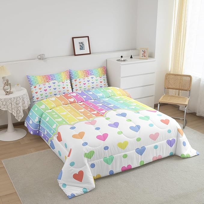 Manfei Cartoon Rainbow Kids Comforter Set Toddler Size,Wave Points Love Heart Dreamy Style Bedding Set,Girls Women Room Decor,Colorful Geometric Stripes Down Comforter,Chic Duvet Insert,1 Pillowcase