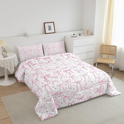 Pink Bowknot Kids Girls Comforter Set Queen Size,Cartoon Hand Drawn Stars Love Bow Quilt Set,Sweet Princess Style Bedding Set for Teens Woman Room Decor,Dreamy Pink White Duvet Insert 3Pcs