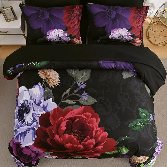 WONGS BEDDING Black Comforter Set King Size, 7 Pieces Floral Bed in a Bag Set, Luxury Red Flower Bedding Set, Soft Microfiber for All Season with Pillowcases & Shams,Sheets(90"×104")