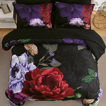 WONGS BEDDING Black Comforter Set King Size, 7 Pieces Floral Bed in a Bag Set, Luxury Red Flower Bedding Set, Soft Microfiber for All Season with Pillowcases & Shams,Sheets(90"×104")