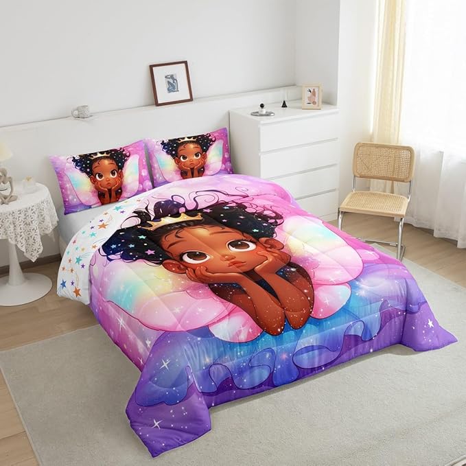 Manfei Cute Girl Comforter Set King Size, Black Princess with Wings Down Comforter, Pink Purple Glitter Galaxy Bedding Set for Kid Women Adult Room Decor, Reversible Duvet Insert,2 Pillowcases
