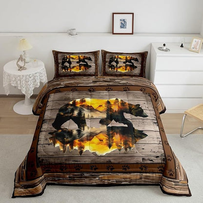 Feelyou Rustic Bear Bedding Set Wild Animal Hunt Comforter Set for Kids Boys Girls Pine Trees Retro Comforter Paw Print Quilt Set Bedroom Collection 3Pcs King Size
