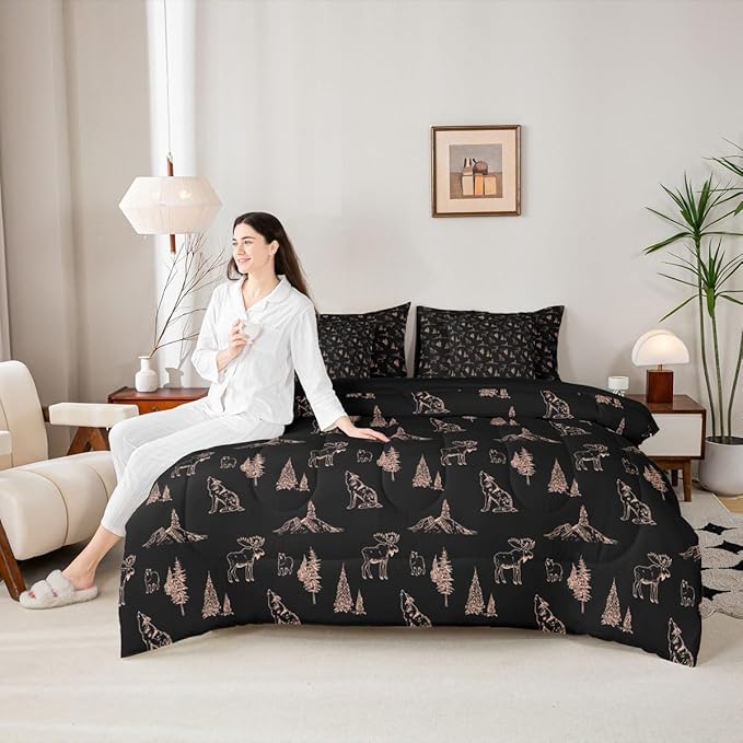 Erosebridal Woodland Animals 7 Piece Comforter Set King Size Bear Deer Wolf Hunting Theme Bedding Set for Kids Child | Rustic Cabin Lodge Decor Sheets Farmhouse Wildlife Mountain Black Brown Quilt