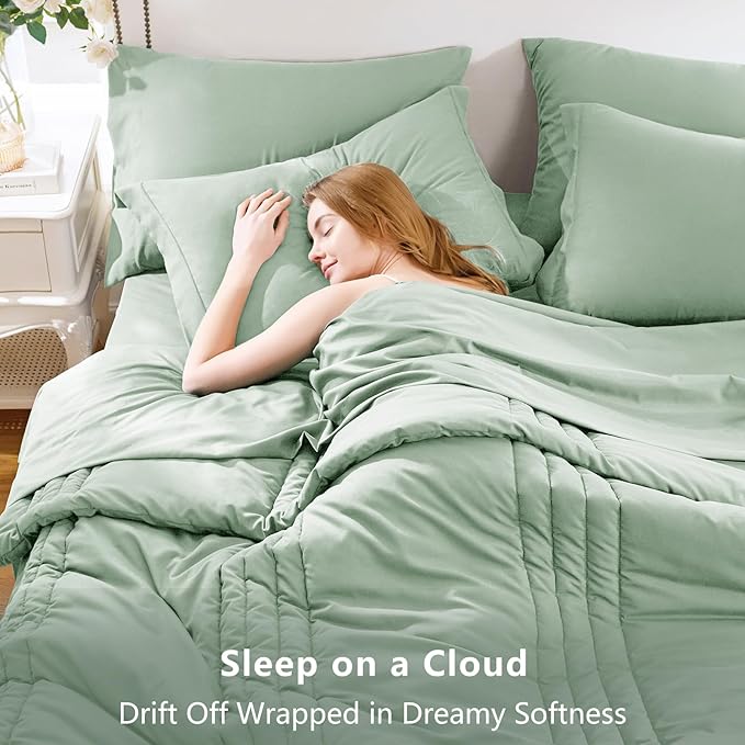 CozyLux Queen Size Comforter Sets - 7 Piece Bed in a Bag Sage Green Comforter Set with Sheets Queen Bed Set All Seasons, Bedding Set with Down Alternative Comforter, Sheets, Pillowcases & Shams