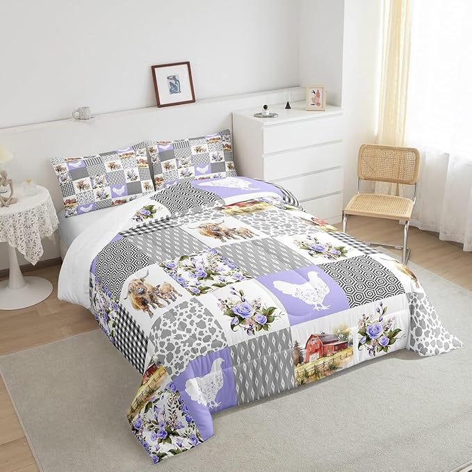 Highland Cattle Comforter Set Twin Size,Milk Cow Print Chicken Farmhouse Animal Bedding Set for Kids Boys Men,Purple Bohemian Grid Geometric Quilted Duvet Set with 1 Pillowcase