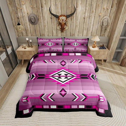 Erosebridal Western Aztec Quilt Set Pink Black Boho Comforter Set Toddler for Kids Girls Adults Women,American Native Southwestern Bedding Sets Ethnic Exotic Tribal Geometric Bed Set 2 Pcs
