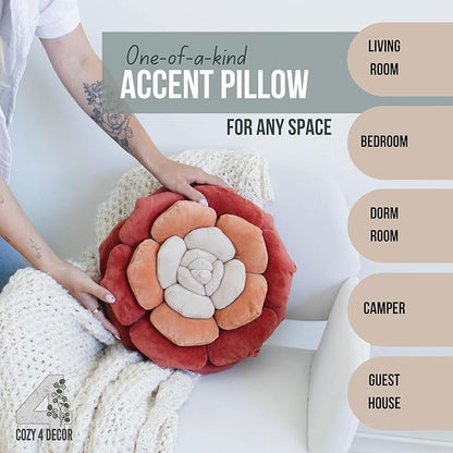 Throw Pillow in Monochromatic Colors - Flower Shaped Pillow – Soft Plush Floral Throw Pillow for Bed, Couch, Sofa & Kids Room | Cute Fluffy Bloom Cushion for Aesthetic Room Decor (Terracota)