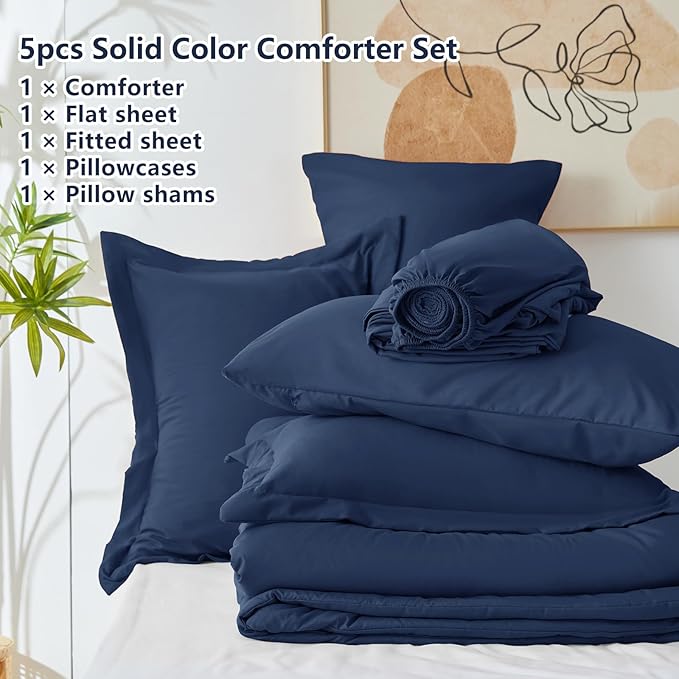 CozyLux Twin Comforter Set Navy Blue, 5 Pieces Bed in a Bag Twin Comforter Set with Sheets, All Season Bed Sets with Down Alternative Comforter, Fitted Sheet, Flat Sheet, Pillow Sham and Pillowcase