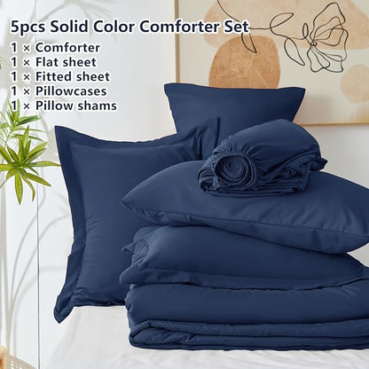 CozyLux Twin Comforter Set Navy Blue, 5 Pieces Bed in a Bag Twin Comforter Set with Sheets, All Season Bed Sets with Down Alternative Comforter, Fitted Sheet, Flat Sheet, Pillow Sham and Pillowcase