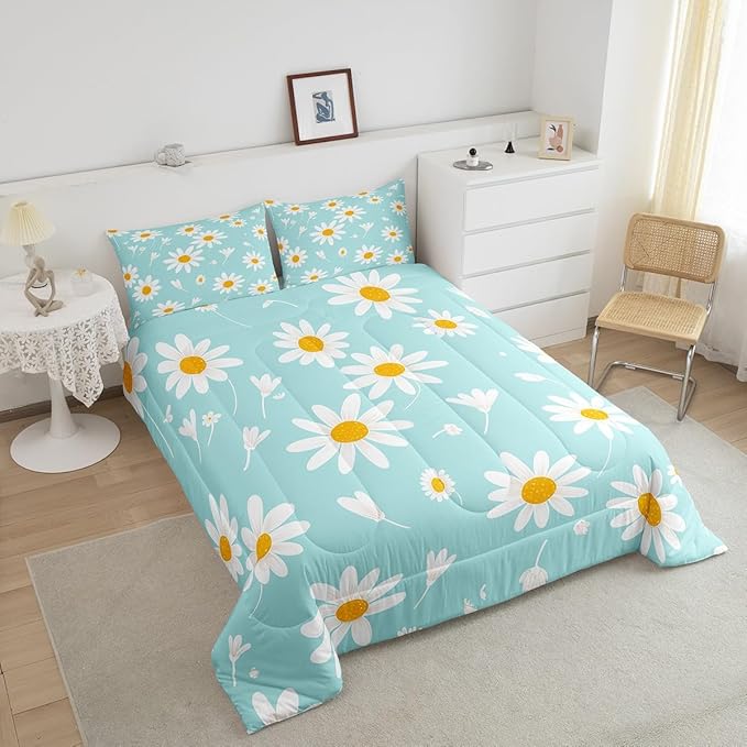 Manfei White Flower Comforter Set King Size, Botanical Garden Artwork Quilt Set with 2 Pillowcases, Daisy Floral Bedding Set 3pcs for Kids Boy Girls Bedroom Decor Lightweight Duvet Insert
