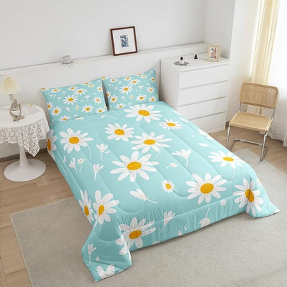 Manfei White Flower Comforter Set Twin Size, Botanical Garden Artwork Quilt Set with 1 Pillowcase, Daisy Floral Bedding Set 2pcs for Kids Boy Girls Bedroom Decor Lightweight Duvet Insert