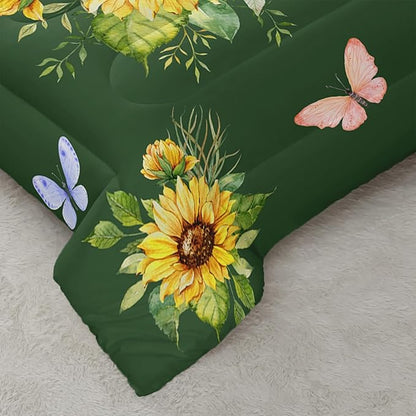 3 Piece Green Sunflower Comforter Sets Twin Size, Farmhouse Floral Bedding Set for Girls Boys Adults,3 Piece Bed in A Bag, Ultra Soft Microfiber All Season Yellow Flower Bedding Set