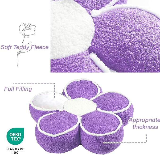 Sioloc Flower Shaped Pillow Daisy Pillows Floor Cushion Pastel Cute Seat Cushions Aesthetic Classroom Dorm Decorative Fun Throw Pillow for Bed,Couch(Lavender,15.7")