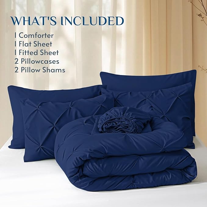 JOLLYVOGUE King Size Comforter Set 7 Pieces - Bed in a Bag King for All Season, Pintuck Bedding Comforter Sets with Comforter, Flat Sheet, Fitted Sheet and Pillowcases & Shams, Navy