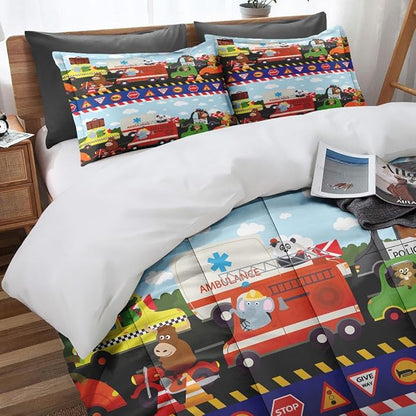 Vintage Car Lion Comforter Set for Kids Toddlers Teens Adults Queen, City Tractor Fire Bedding Sets Water Washed Microfiber Bedding with 1 Comforter 2 Pillowcase All Season
