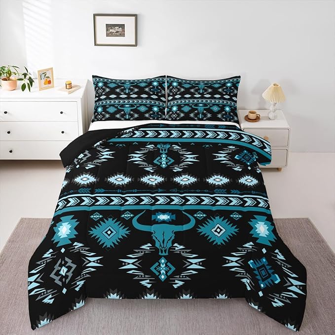 Feelyou Kids Western Decor Bedding Set Full Size Southwestern Aztec Comforter Set for Boys Girls Ethnic Tribal Bull Skull Duvet Quilt