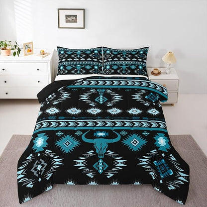 Feelyou Kids Western Decor Bedding Set Queen Size Southwestern Aztec Comforter Set for Boys Girls Ethnic Tribal Bull Skull Duvet Quilt