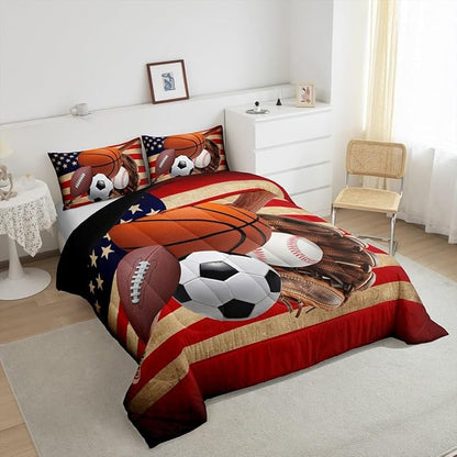 Feelyou Baseball Sports Comforter Set Full Size Football Comforter for Boys Girls Teens Ball Game Bedding Set Basketball Duvet Set Room Decor Red Brown Mixed Ball Quilt Set