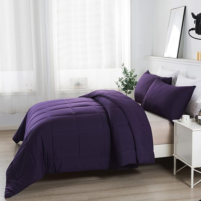 DOWNCOOL King Size Comforter Set -All Season Bedding Comforters Sets with 2 Pillow Cases -3 Pieces Bed Set Down Alternative King Bedding Set -Purple King Comforter Set(102"x90")