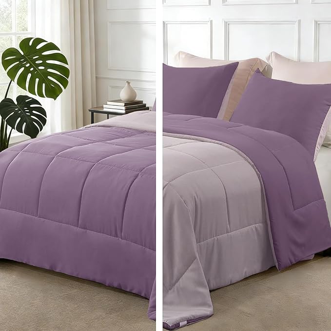 Exclusivo Mezcla Lightweight Reversible Twin Size Comforter Set, Down Alternative Comforter with 1 Pillow Sham, Twin Size Bedding Set for All Seasons, Dusty Lavender/Lilac Ash