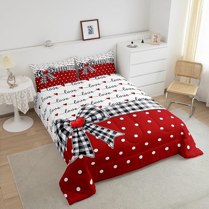 Erosebridal Bowknot Girls Bedding Comforter Sets Plaid Bow Tie Bedding Set Romantic Princess Style White Dots Comforter Set King for Kids Teen Women,Red Black Dreamy Quilt Duvet 2 Pillow Cases