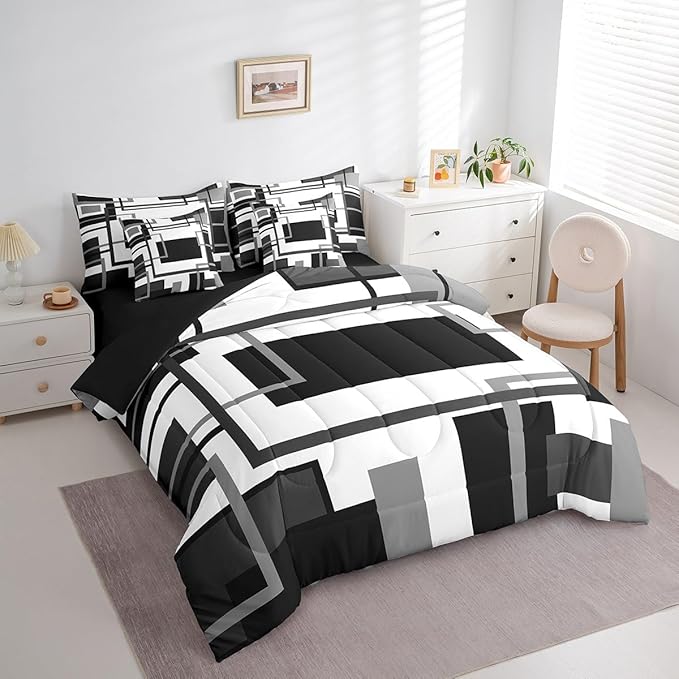 Erosebridal 7Pcs Black and White Twin Comforter Set for Minimalist,Black Gray Modern Geometric Bed in A Bag,Abstract Geometric Modern Bedding with Bed Sheets,Mid Century Modern Fashion Quilt