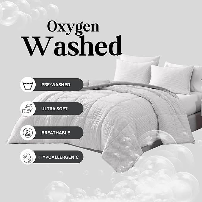 Casa Platino Fluffy Duvet Insert - Pre-Washed Hydro-Brushed 100% Microfiber Comforter Set - Comfy Bedding King Size - Ticking Stripe Silver