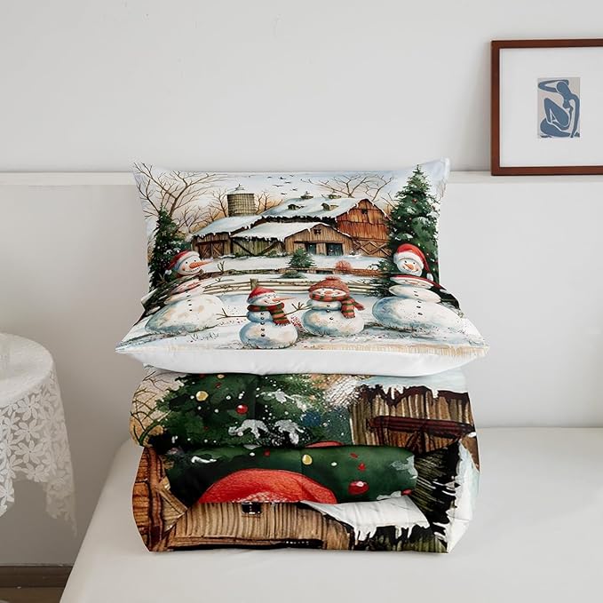 Cute Snowman Comforter Set Full Size,Rustic Cabin Barn Bedding Set 3Pcs for Kids Girls Boys Teens Room Decor,Winter Christman Theme Quilt Set Vintage Countryside Duvet Insert,2 Pillowcases