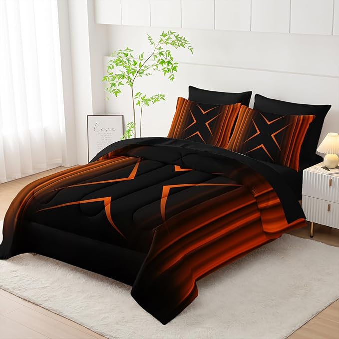 Black and Yellow Geometric Comforter Set Twin Size 7Pieces,3D Abstract Mordern Printed Bedding Set for Adults,Geometric Mordern Decor All Seasons with Pillowcases,Flat, Fitted Sheet