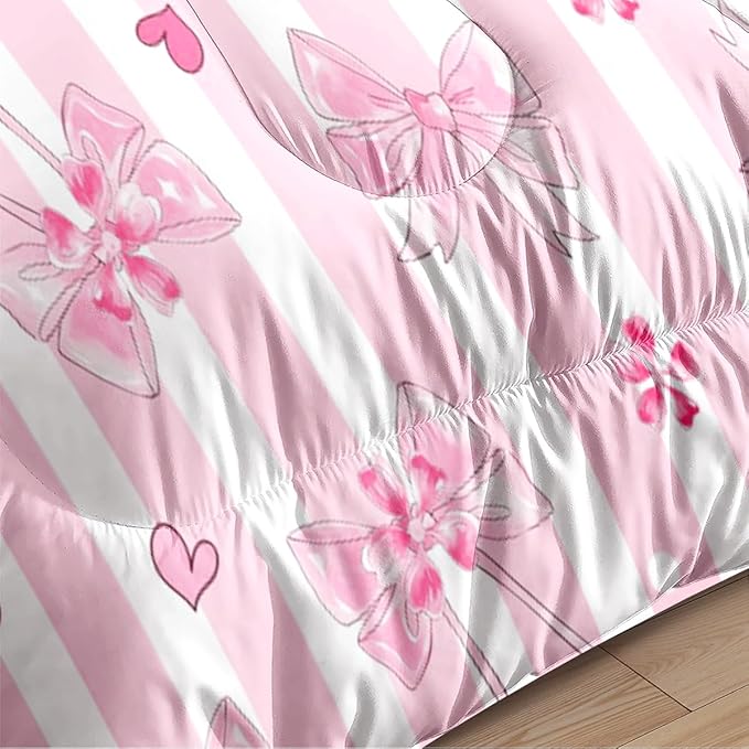 Pink Bow Comforter Set Queen Pink White Striped Bedding Set Girls Coquette Bedding Soft Lightweight Princess Style Comforter with 2 Pillowcases
