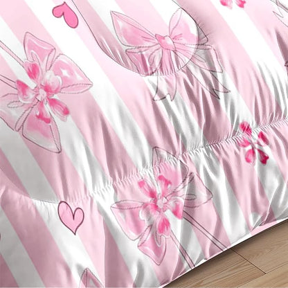Pink Bow Comforter Set Queen Pink White Striped Bedding Set Girls Coquette Bedding Soft Lightweight Princess Style Comforter with 2 Pillowcases