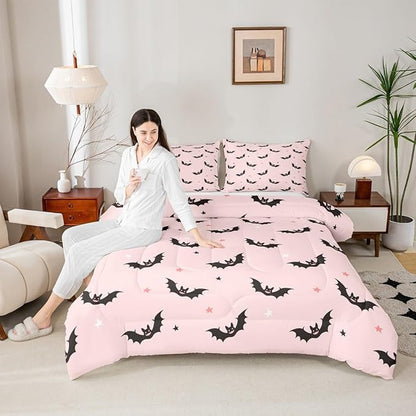 Castle Fairy Colorful Star Pink Bedding Set for Boys Girls,Cut Black Bat All Season Cozy Comforter Set Full Size,Happy Halloween Theme Duvet Set Bedroom Decor,Personalized Birthday Gifts