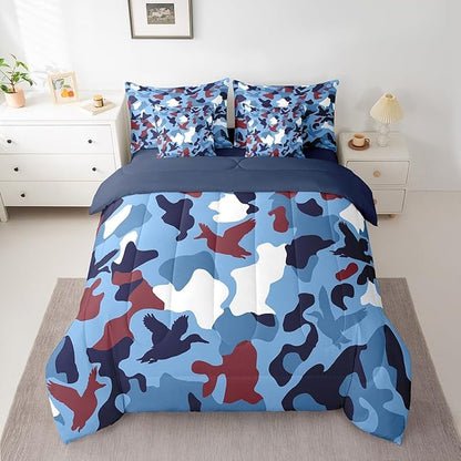 Erosebridal Duck Camo 7 Pcs Comforter Set King Size Camouflage Bedding for Kids Hunting Farmhouse Camping Bed in A Bag Sheet Set Vintage Navy Blue Room Decor Wild Duck Rustic Animal Bed Set