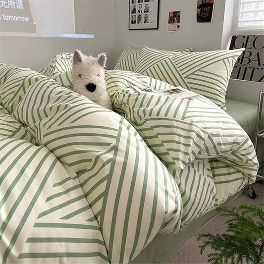 VM VOUGEMARKET Striped Comforter Set Full,Instagram Style Geometric Quilt with 2 Pillowcases Modern Fashion Comforter Set for Teens-Green White Stripes