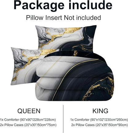 Abstract Marble Bedding Set for Kids Women Men Queen Size 3D Marble Comforter Set Black White Gold Quilt Set for All Age Marbling Quilt Set with 1 Comforter + 2 Pillowcases