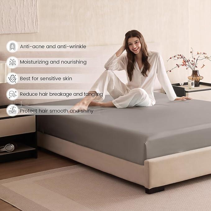 THXSILK 6A+ Top Grade 100% Pure Mulberry Silk King Fitted Sheet 3Pcs Set Bed Sheets Luxury Bedding for Hair and Skin Soft Breathable Cooling, 1 Fitted Sheet with 2 Pillowcases, Grey